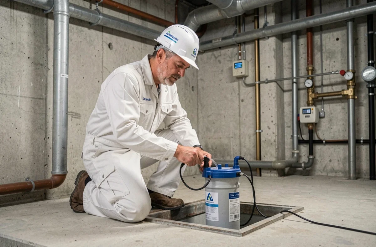 Diagnostiqueur Ac Environnement Bordeaux effectuant un prélèvement de qualité de l'air dans le sous-sol d'un immeuble commercial bordelais avec une pompe d'échantillonnage professionnelle