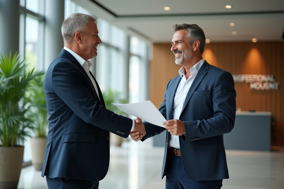 Deux employeurs signant un accord de participation au logement interprofessionnel dans le hall d'un immeuble de bureaux