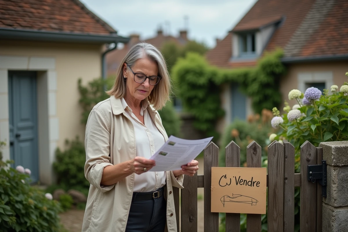 Femme consultant une annonce immobilière devant une maison normande à colombages à vendre en bord de mer