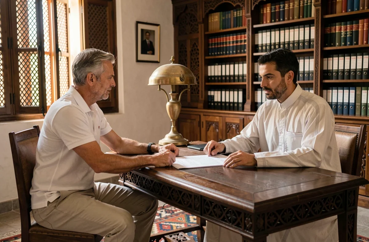 Acheteur français signant un contrat immobilier avec un notaire marocain à Marrakech