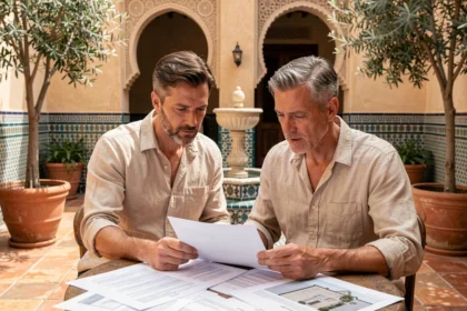 Couple français examinant des documents immobiliers dans un riad traditionnel de Marrakech