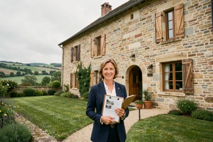 Agent immobilière professionnelle devant une bâtisse en pierre typique de l'Allier, illustrant le marché immobilier local en 2026