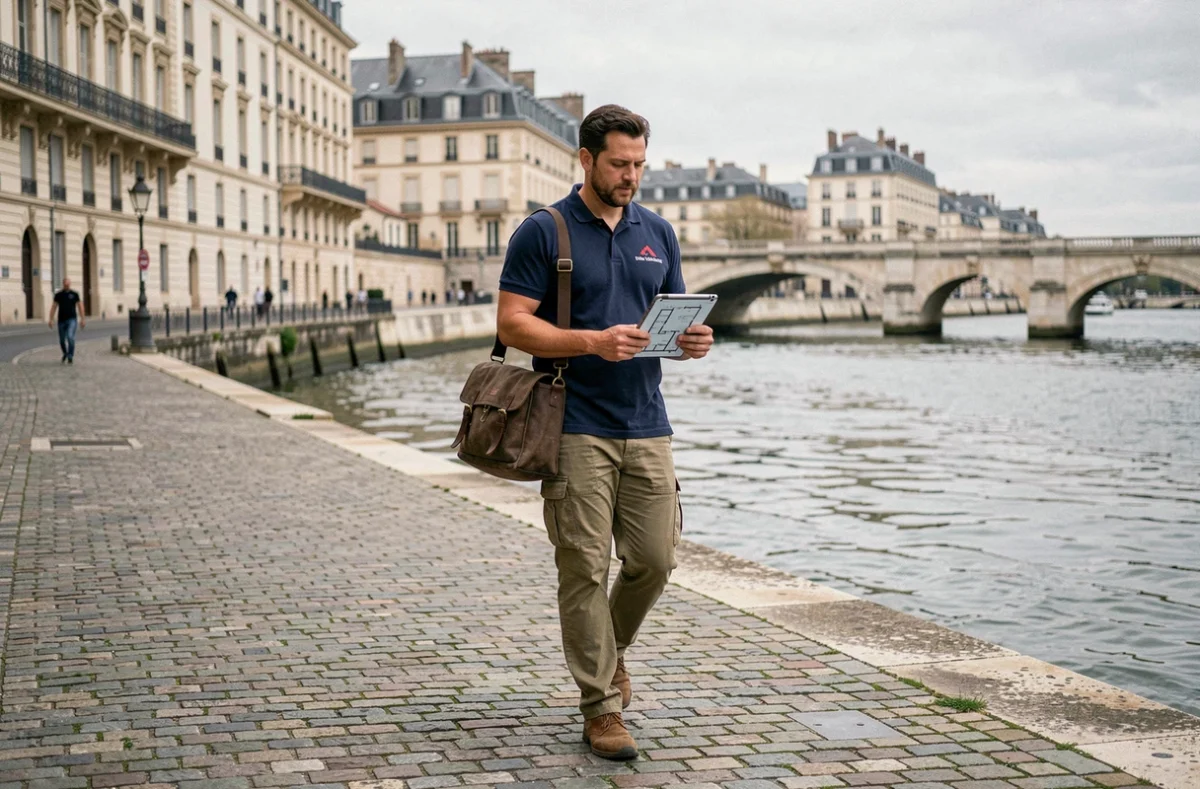 Diagnostiqueur Agenda Diagnostics Bordeaux Rive Gauche marchant sur les quais de la Garonne avec une tablette affichant des plans de bâtiments
