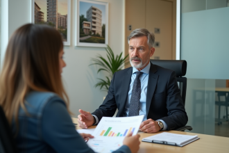 Agent immobilier expliquant un graphique à un couple dans un bureau