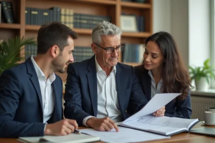 Agent immobilier présentant les diagnostics immobiliers à un couple lors d'une réunion chez le notaire