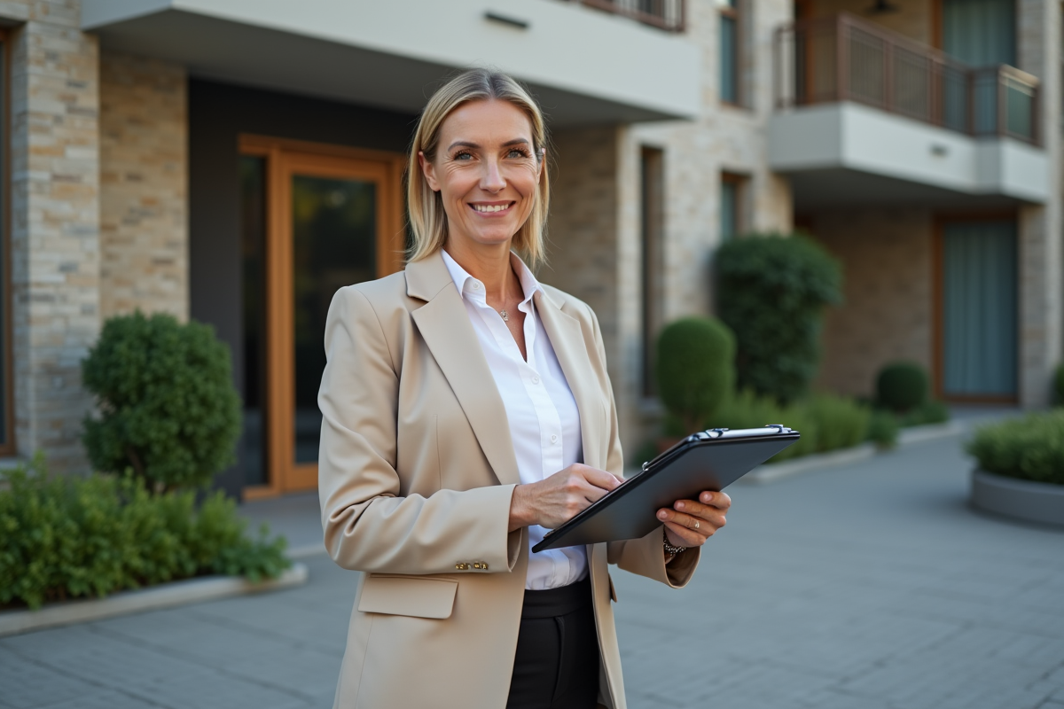 Femme gestionnaire immobiliere parlant avec un couple devant un immeuble moderne