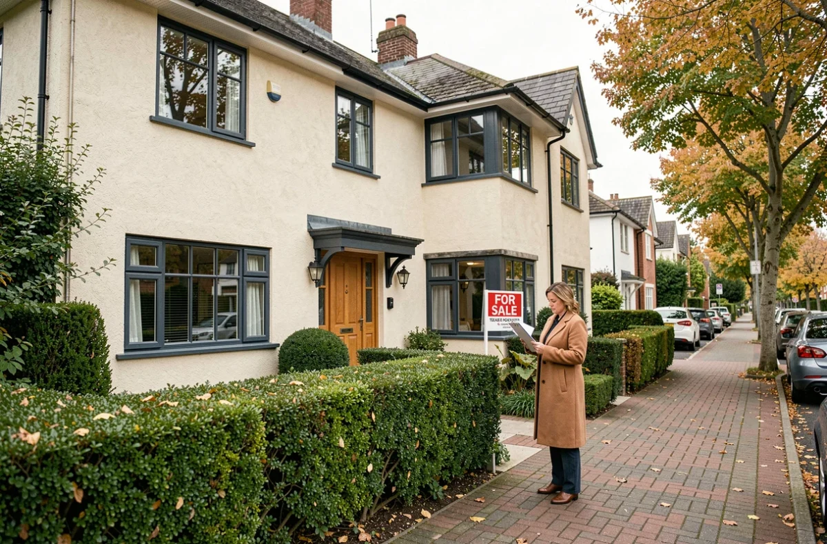 Agente immobilière évaluant une maison individuelle avec jardin soigné dans un quartier résidentiel