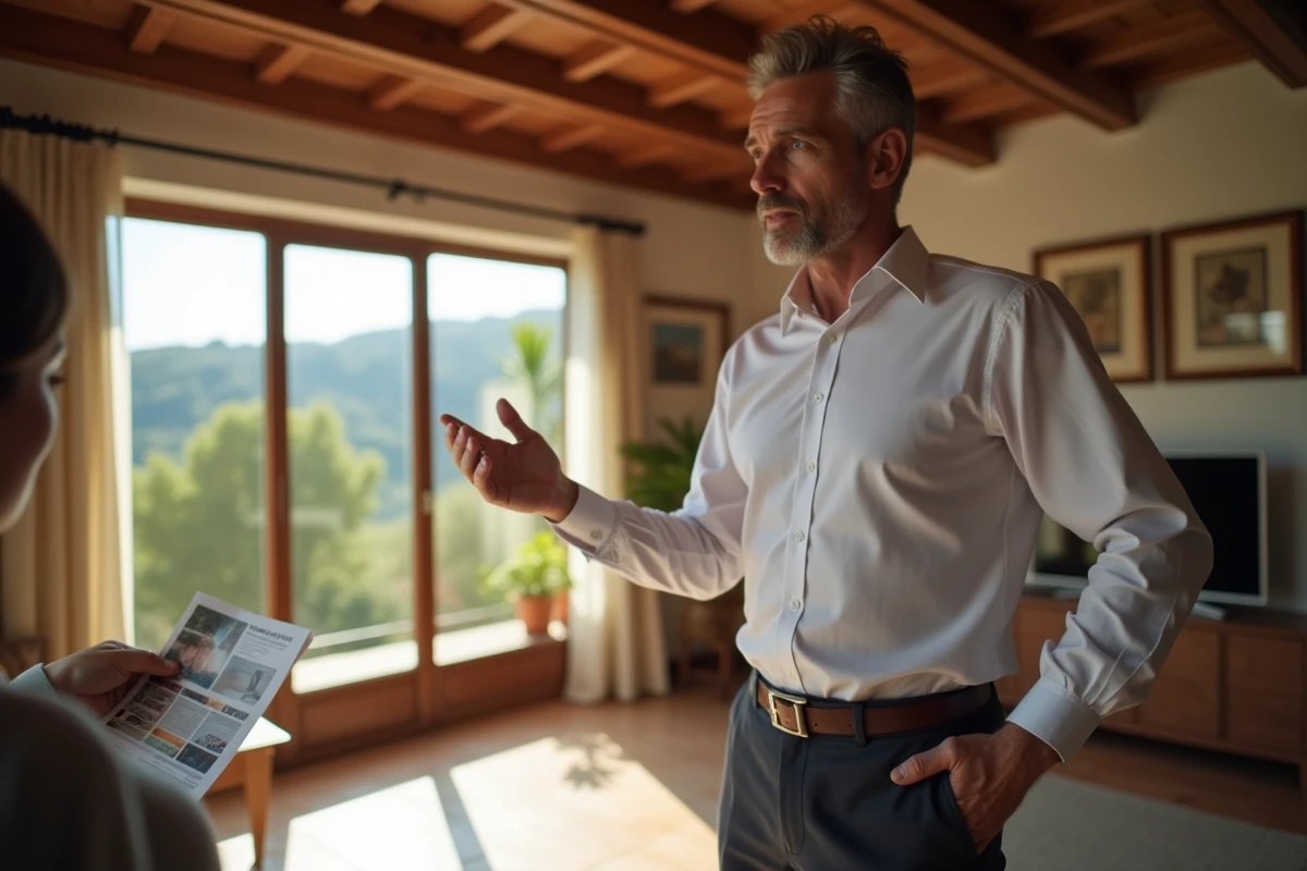 Agent immobilier local présentant un bien en pierre avec poutres apparentes à un acheteur potentiel, soulignant l'expertise d'une agence de proximité pour un projet immobilier dans les coteaux