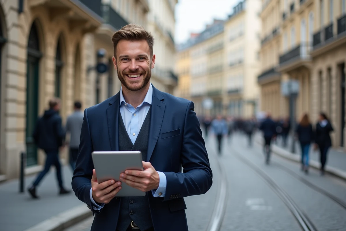 Agent immobilier en costume bleu à Lyon dans la rue