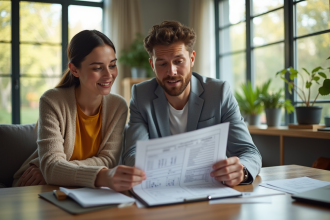 Agent immobilier et couple examinant un rapport dans un salon lumineux