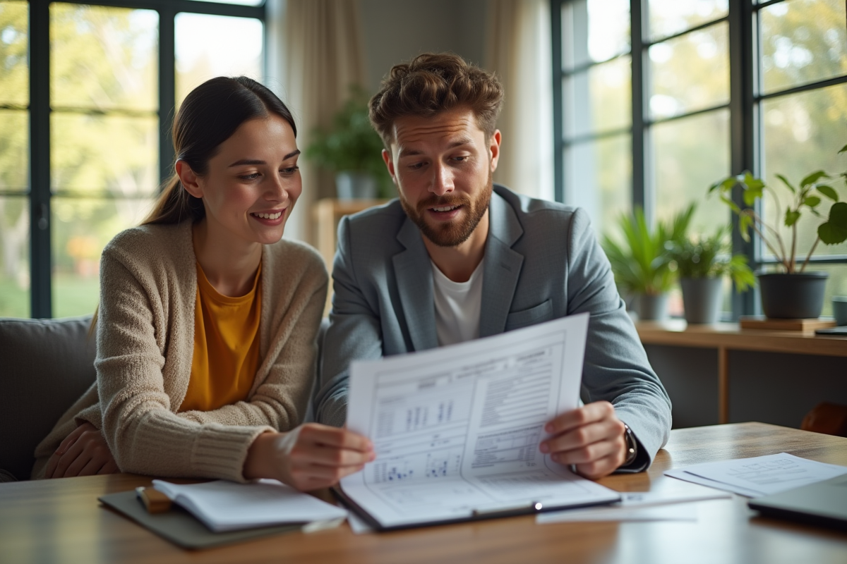 Agent immobilier et couple examinant un rapport dans un salon lumineux