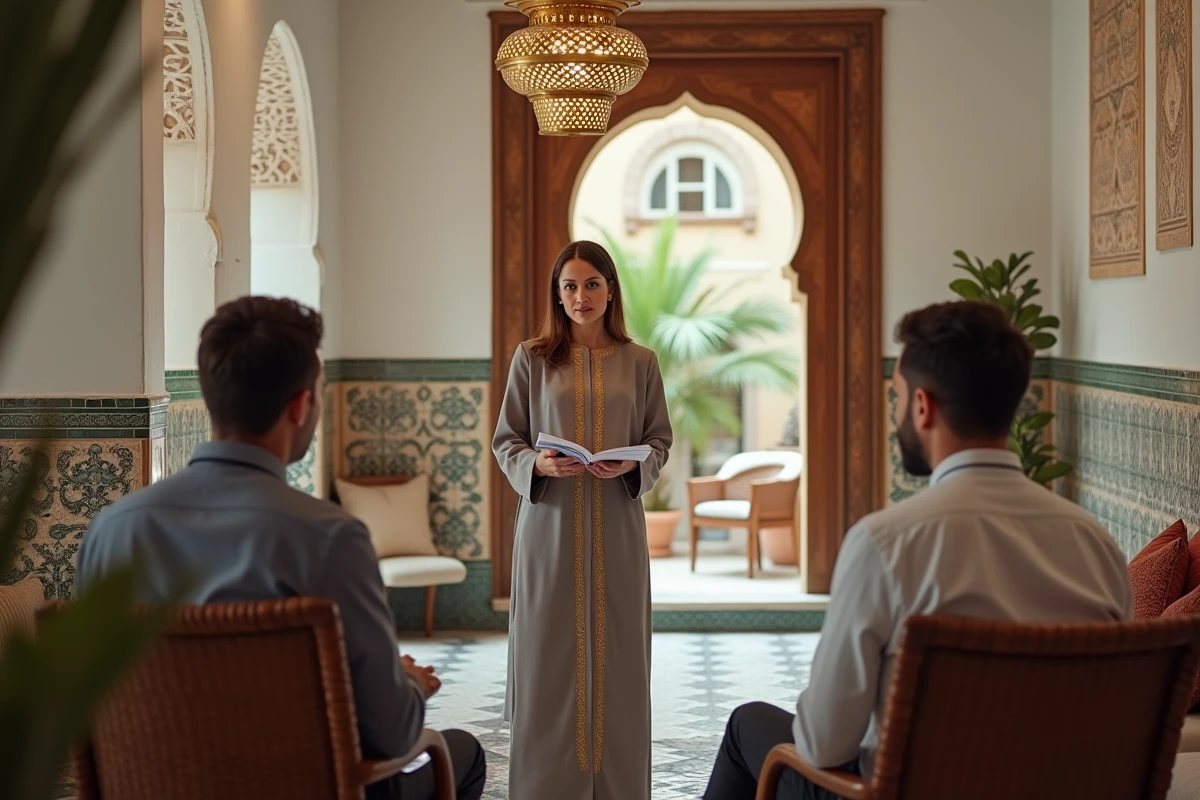 Agent immobilier présentant un riad de luxe à Marrakech à des acheteurs potentiels dans un salon richement décoré