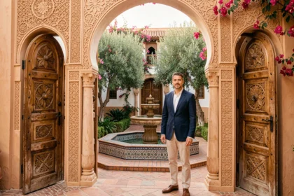 Agent immobilier devant une villa traditionnelle à vendre à Marrakech avec portail en bois sculpté et cour intérieure