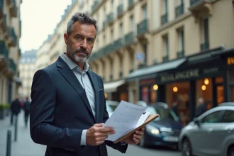 Agent immobilier analysant des documents devant un immeuble locatif en zone tendue en France