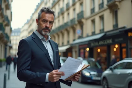 Agent immobilier analysant des documents devant un immeuble locatif en zone tendue en France