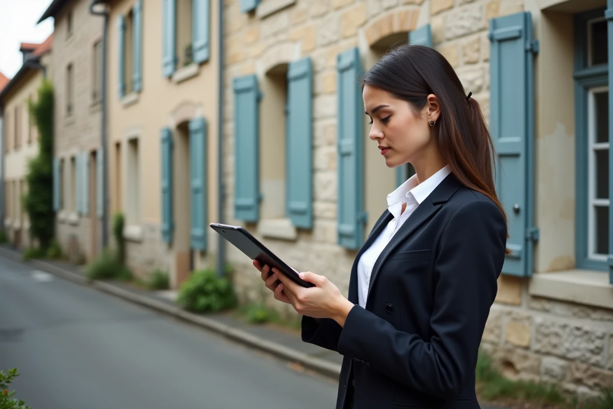 Jeune agente municipale observant façades de maisons françaises