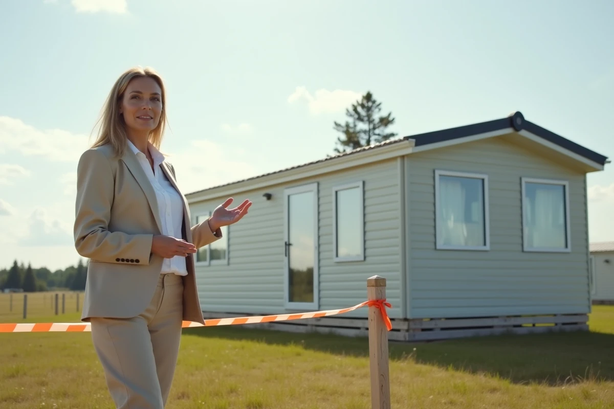 Agente immobilière présentant une parcelle de terrain avec mobil home à vendre en Vendée