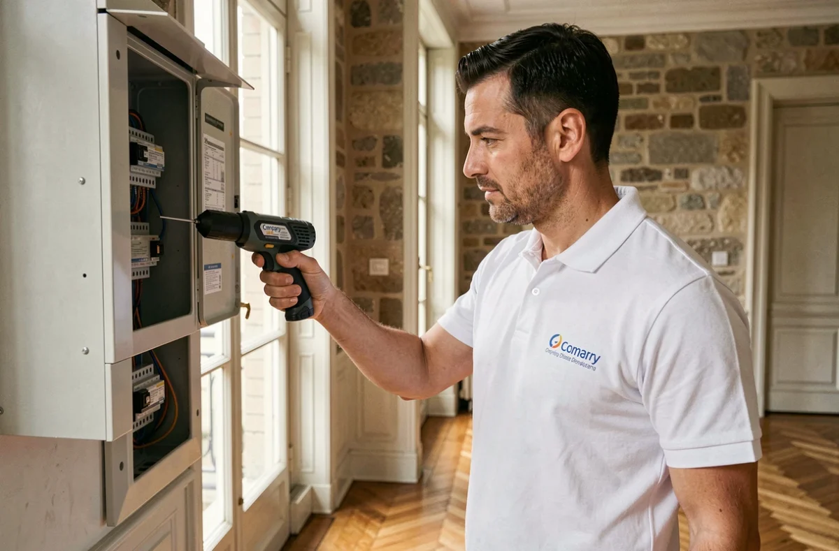 Diagnostiqueur AMG Diagnostic Immobilier inspectant un tableau électrique dans un appartement ancien de Bordeaux avec parquet et moulures d'époque