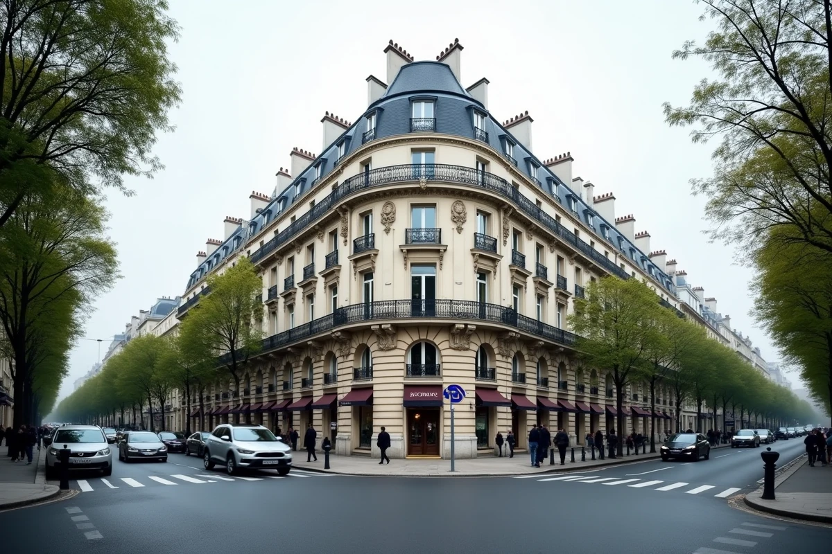 Angle d'immeuble haussmannien en pierre de taille à un carrefour de boulevard parisien avec corniche continue et balcons symétriques