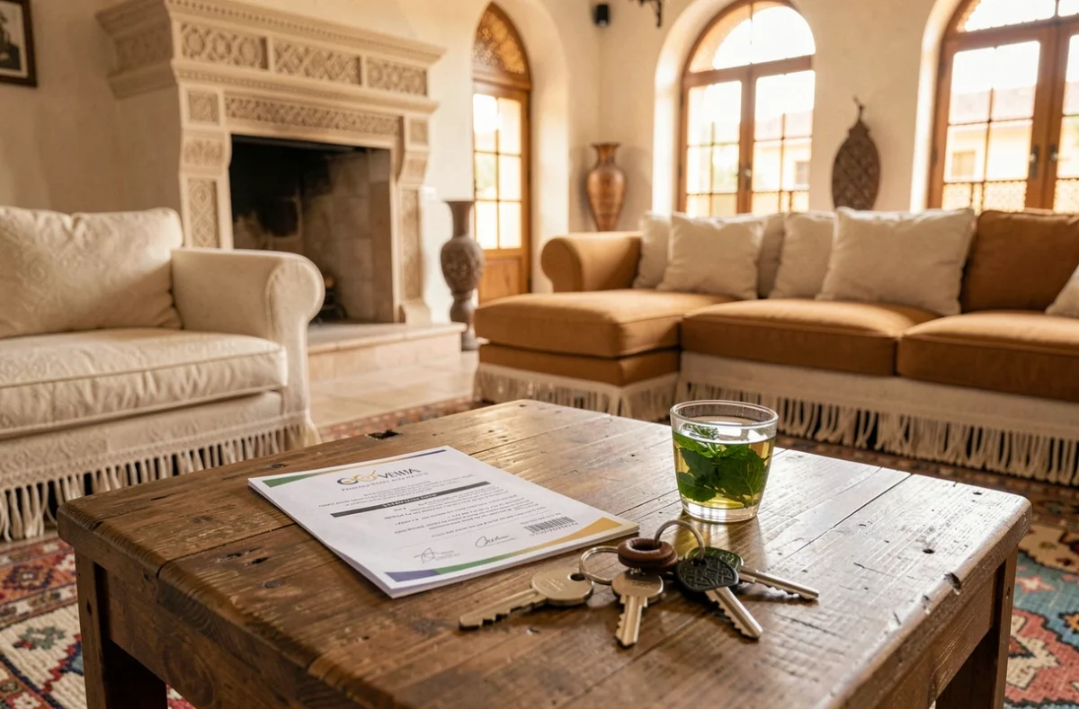Annonce immobilière et clés de villa posées sur une table dans un salon marocain traditionnel à Marrakech