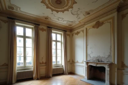 Appartement haussmannien vide avec moulures fissurées, parquet gondolé et cheminée en marbre abîmée révélant d'importants travaux à prévoir