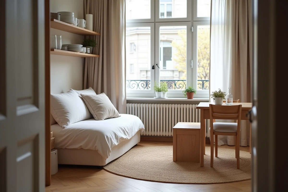 Intérieur d'un appartement meublé conforme aux exigences du décret avec liste de mobilier complète