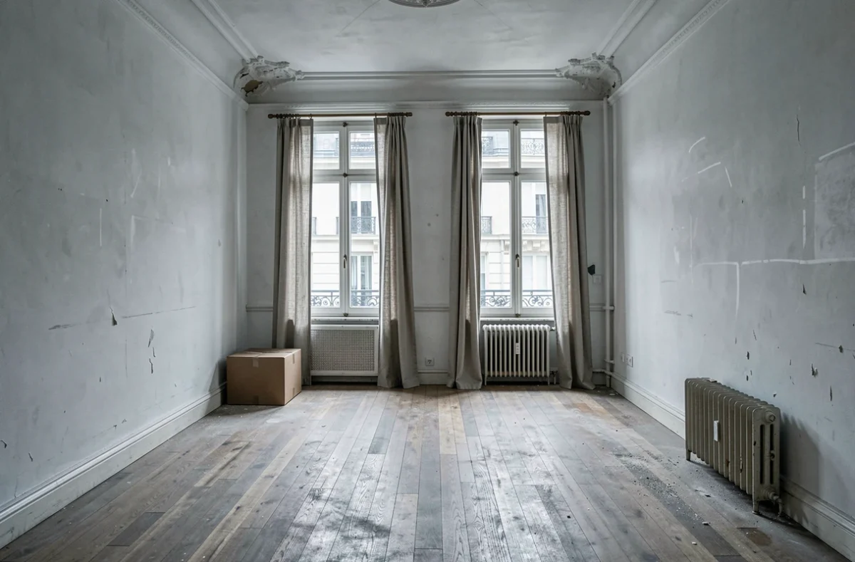 Appartement vacant vide avec parquet poussiéreux et murs abîmés dans un immeuble parisien haussmannien