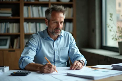 Architecte analysant l'indice INSEE du coût de la construction sur des tableaux imprimés dans un bureau professionnel