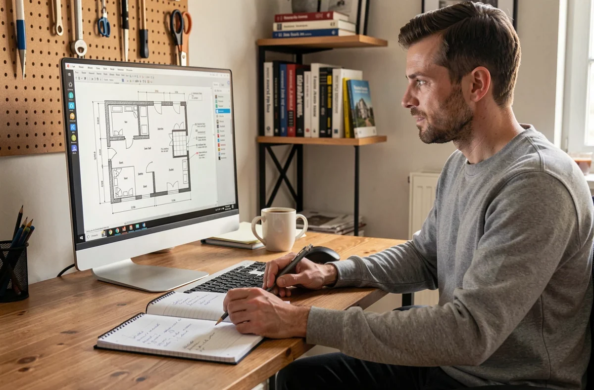Architecte d'intérieur travaillant sur un plan CAD de chambre avec mesures en m2 sur écran d'ordinateur