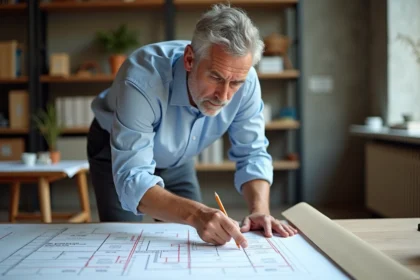 Architecte consultant un plan de masse avec les limites de propriété marquées sur une table de travail en bois dans un studio d'architecture