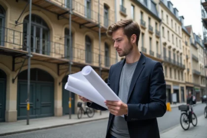 Architecte étudiant des plans de rénovation devant un immeuble haussmannien en mutation à Metz