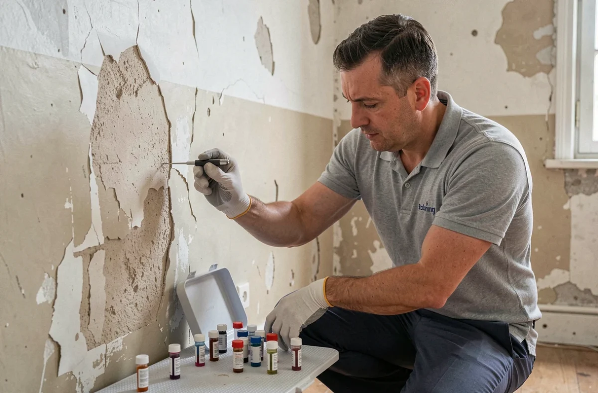 Diagnostiqueur Arliane Diagnostic Immobilier prélevant un échantillon de matériau sur un mur d'un appartement ancien en Nouvelle-Aquitaine pour analyse amiante