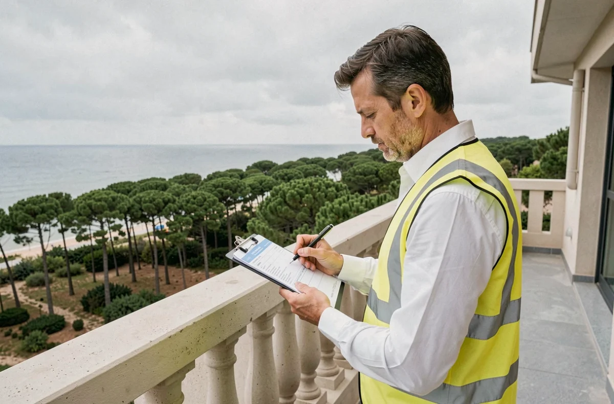 Diagnostiqueur Atlantic Contrôle sur la terrasse d'un immeuble côtier de Nouvelle-Aquitaine notant ses observations sur un formulaire de diagnostic immobilier
