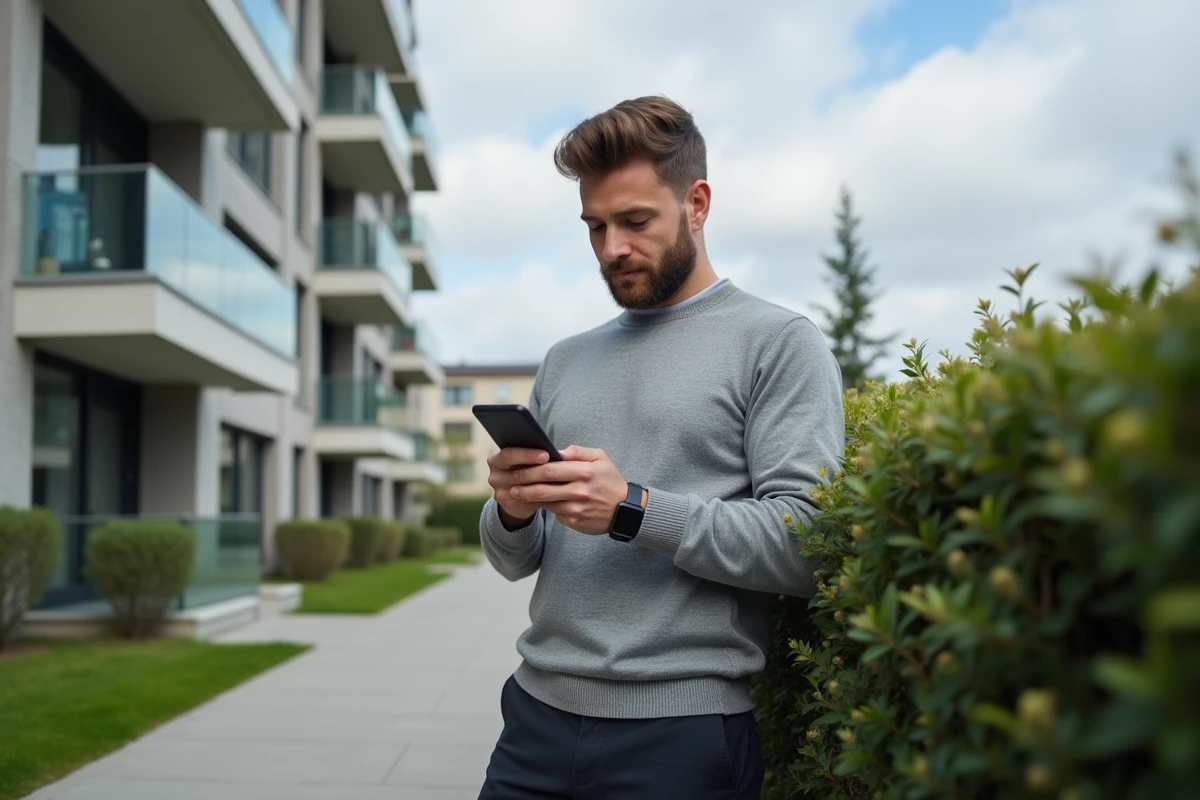 Propriétaire consultant les avis sur Akerys immobilier devant un immeuble résidentiel moderne