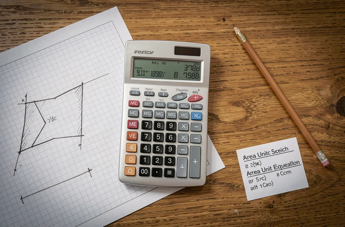 Calculatrice scientifique et plans de parcelle sur bureau en bois pour convertir des ares en mètres carrés