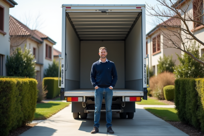Conducteur debout à côté d'un camion blanc spacieux