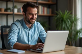 Jeune homme consultant une plateforme de location d'annonces immobilières sur son ordinateur portable à domicile