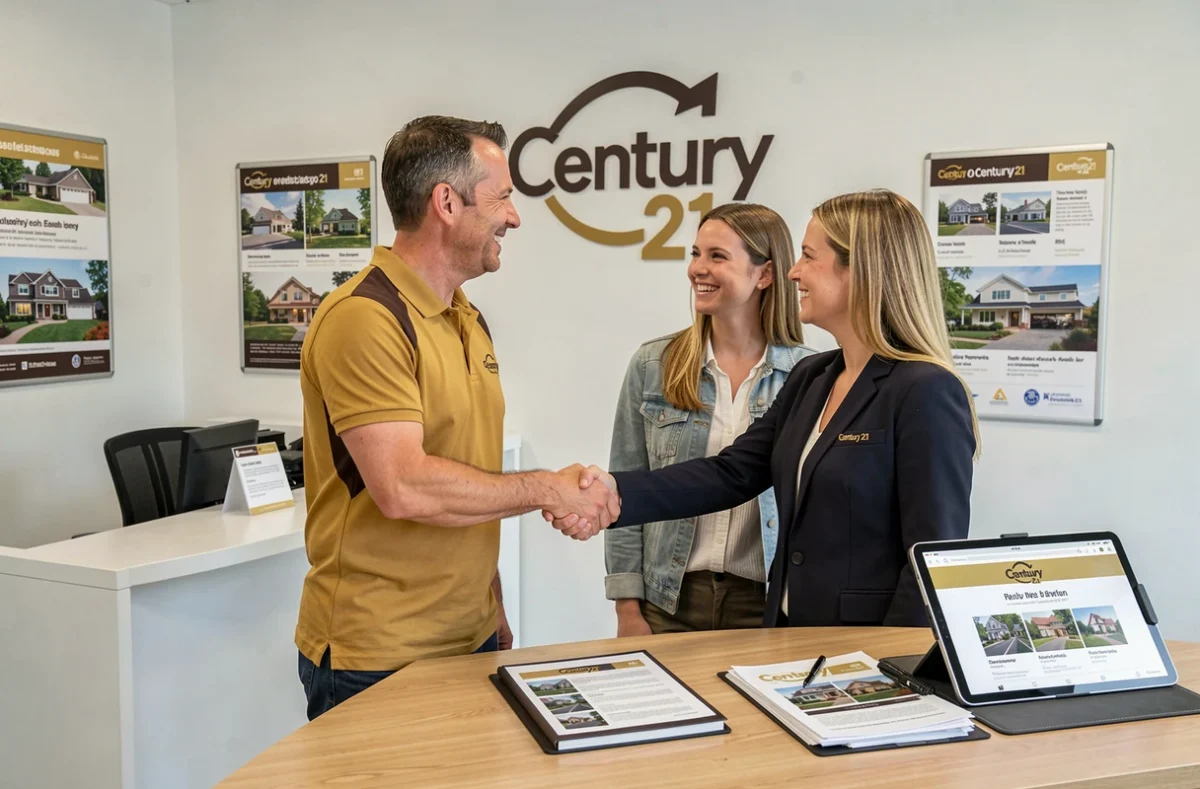 Agent Century 21 accueillant un couple d'acheteurs dans une agence immobilière de l'Allier