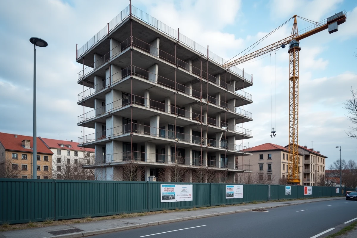 Chantier de construction d'un immeuble résidentiel dans le quartier Montaudran-Lespinet à Toulouse avec grue et échafaudages