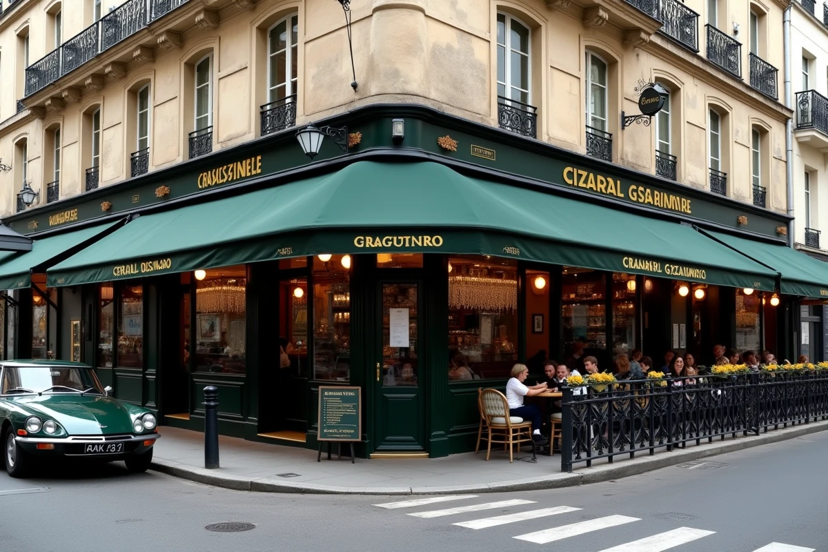 Coin de rue parisien élégant dans le 7e arrondissement avec façades haussmanniennes et brasserie traditionnelle