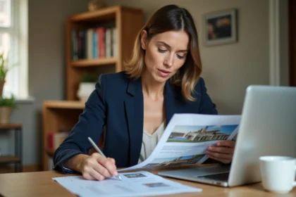 Femme consultant des annonces immobilières en ligne et sur papier dans un bureau à domicile, comparant agence locale et plateforme internet pour son projet immobilier
