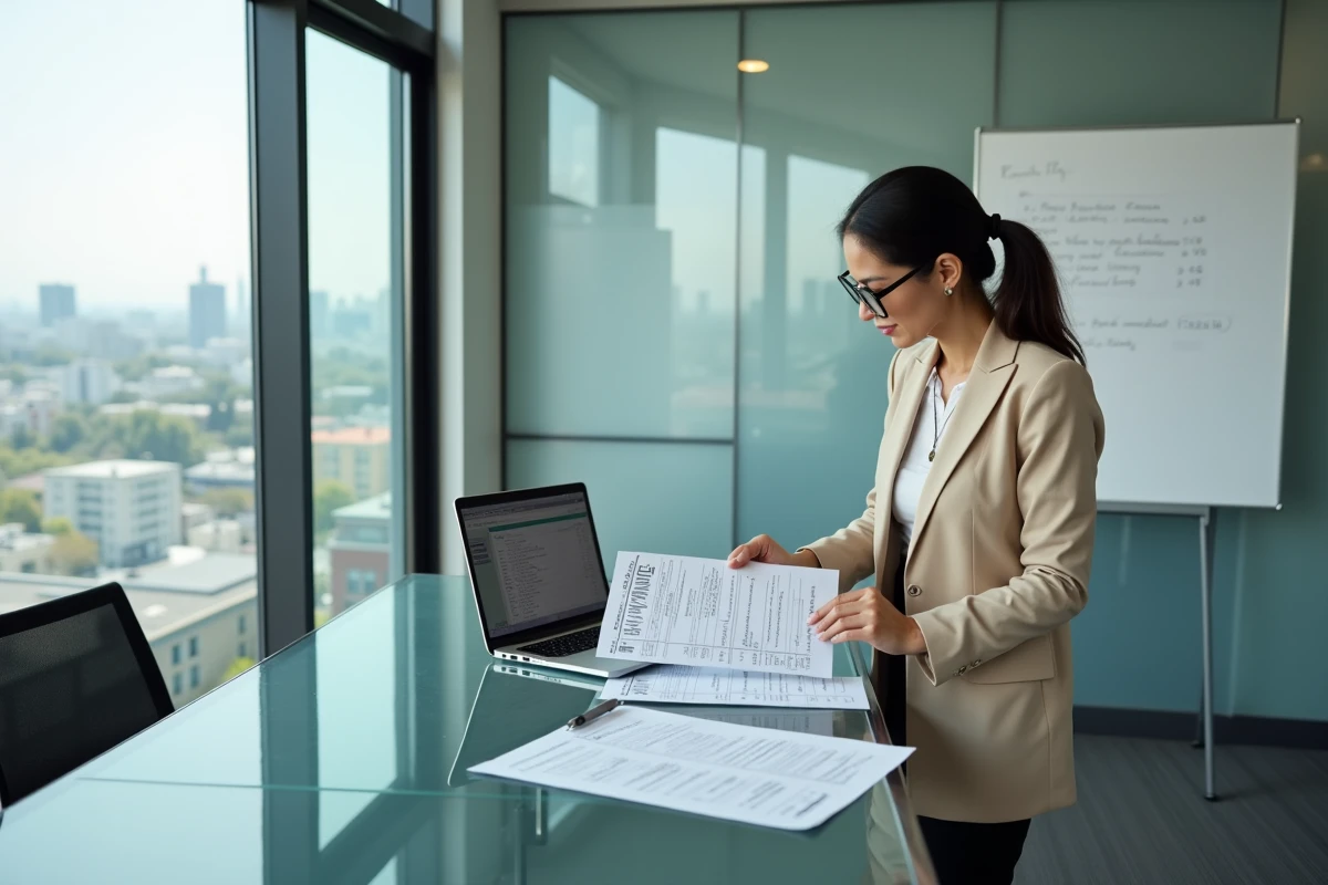 Marchande de biens comparant des régimes de frais de notaire dans un bureau immobilier moderne
