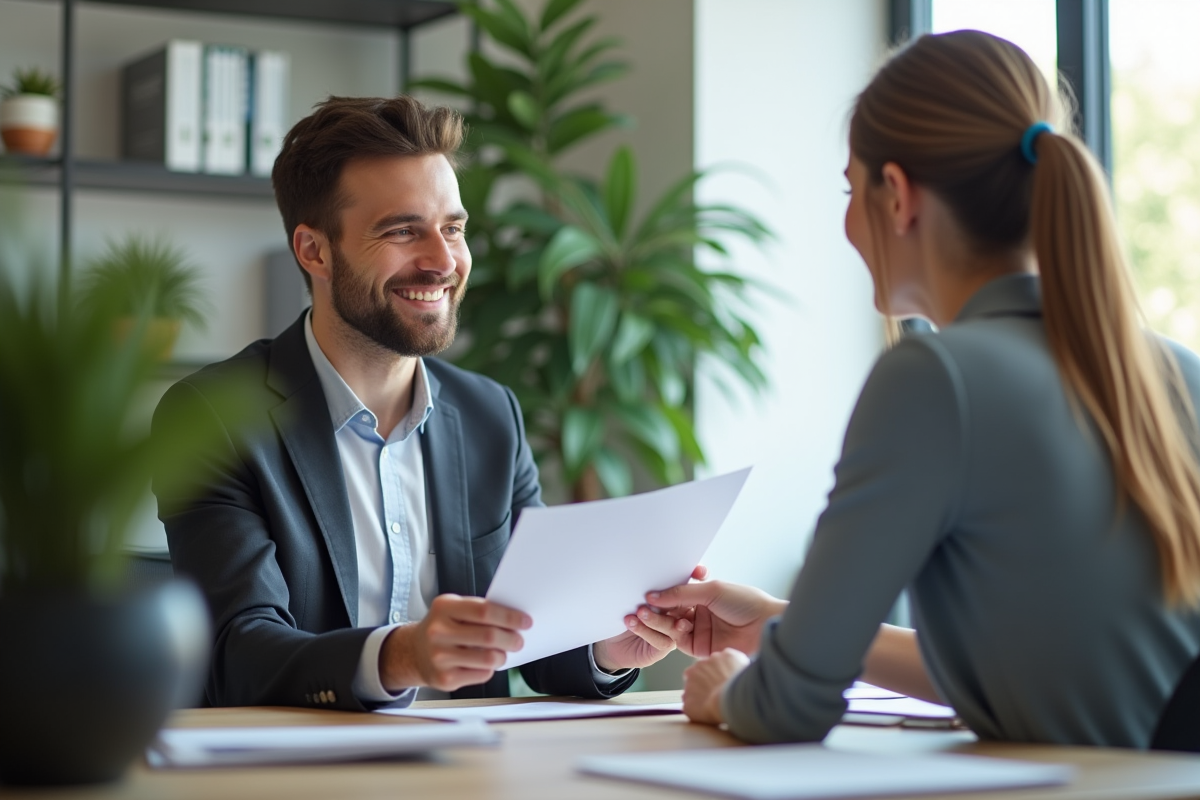 Conseiller en aide logement remettant des documents à un client dans un bureau moderne
