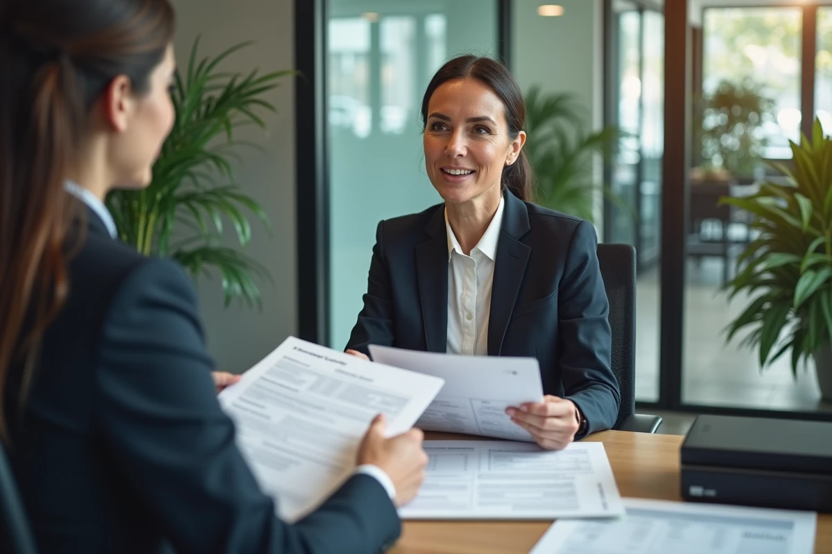 Femme rencontrant un conseiller bancaire pour obtenir un crédit et financer l'achat d'un étang avec apport personnel