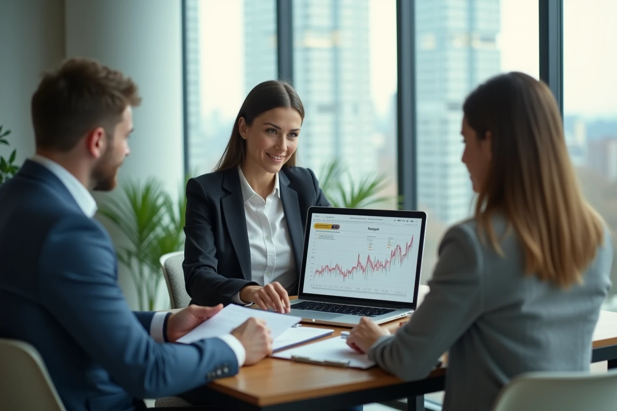 Conseillère en prêt immobilier montrant un taux à un couple dans un bureau moderne