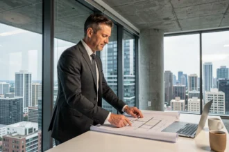 Consultant immobilier urbain analysant des plans architecturaux dans un bureau moderne avec vue panoramique sur la ville