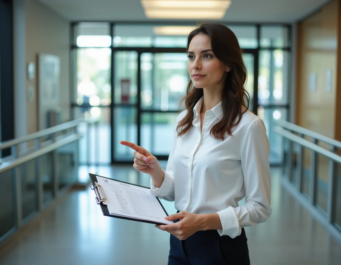 Consultante en accessibilité vérifiant la conformité ERP d'un bâtiment public avec une liste de contrôle réglementaire