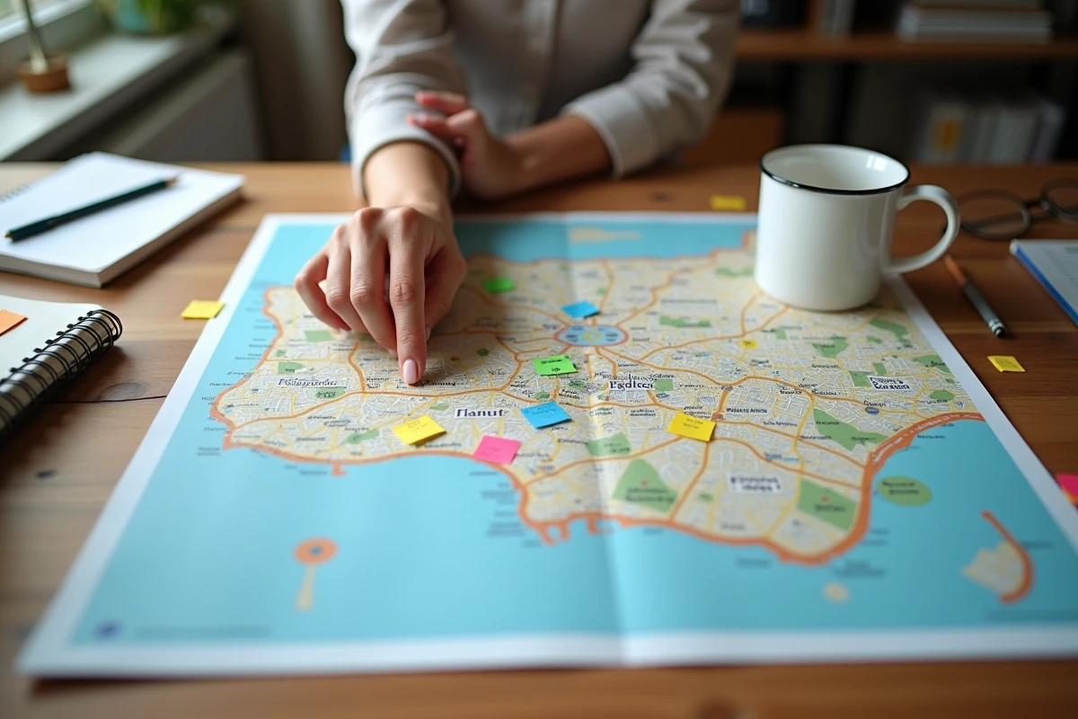 Femme consultant une carte de quartiers avec annotations pour choisir un secteur résidentiel