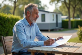 Homme examinant les clauses d'un contrat de vente de terrain avec mobil home en Vendée