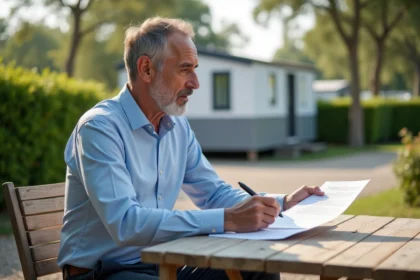 Homme examinant les clauses d'un contrat de vente de terrain avec mobil home en Vendée